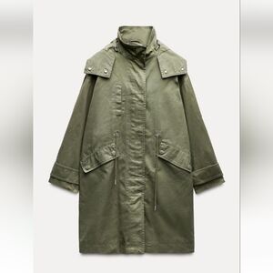 Zara Olive Green Parka Coat With Removable Hood Sz M
